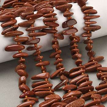 Synthetic Goldstone Beads Strands, Chip, Top Drilled, with Seed Beads, 12~20x2~8x4~7mm, Hole: 1.2mm, about 70pcs/strand, 15.75''(40cm)