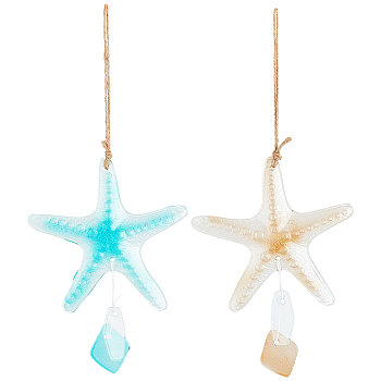 Glass Pendant Decoration, with Jute Rope, Starfish, Mixed Color, 330mm, 2pcs/set