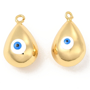 Brass Pendants, with Enamel, Real 18K Gold Plated, Long-Lasting Plated, Teardorp with Evil Eye Charm, White, 26x15.5x15mm, Hole: 2.6mm