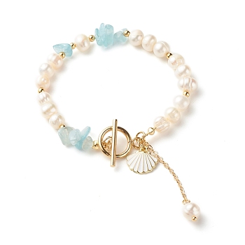 Natural Aquamarine Chip Beaded Bracelet, Natural Pearl Bracelets for Women, with Shell Shape Charms, Golden, 7-5/8 inch(19.5cm)