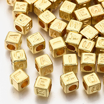 CCB Plastic Beads, Horizontal Hole, Cube with Letter, Golden, 6x6x6mm, Hole: 3mm