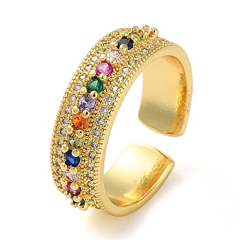 Rack Plating Brass Micro Pave Cubic Zirconia Open Cuff Rings, Real 18K Gold Plated, Colorful, Adjustable