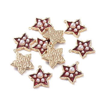 Brass Enamel Pendants, with Acrylic Pearl, Star, Real 18K Gold Plated, Red, 15.5x14.4x3.8mm, Hole: 1mm