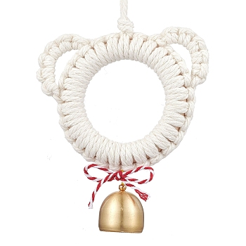 Wood & Cotton Thread Bear Head Pendant Decorations, with Brass Bell, for Home Wall Door Hanging Ornaments, White, 258mm