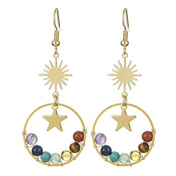 Natural & Synthetic Mixed Gemstone Beaded Dangle Earrings, Golden 304 Stainless Steel Star & Sun Long Drop Earrings, 62x25mm