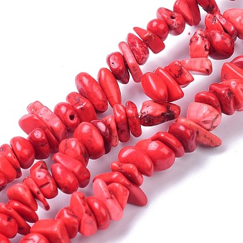 Natural Magnesite Beads Strands, Dyed, Chip, Red, 6~10x6~10x3~4mm, Hole: 0.5~0.7mm, 15.55''~16.54''(39.5~42cm)