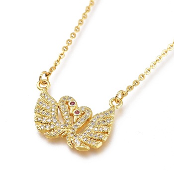 Brass Micro Pave Clear Cubic Zirconia Pendant Necklaces, with 304 Stainless Steel Cable Chains, Swan, Golden, 19.88 inch(50.5cm)