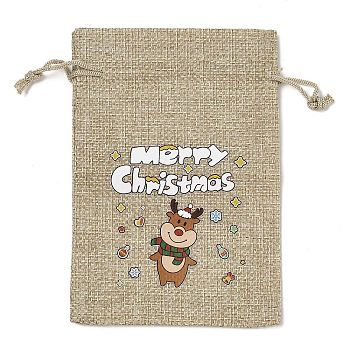 Christmas Printed Burlap Packing Pouches Drawstring Bags, Rectangle, Tan, Deer, 14x10x0.01cm