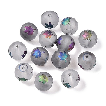 Autumn Theme Electroplate Transparent Glass Beads, Frosted, Round with Maple Leaf Pattern, Colorful, 10mm, Hole: 1.5mm