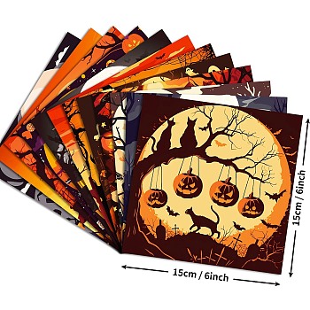 Halloween Witch Pumpkin Ghost Pattern Scrapbooking Paper Pads Set, for Card Making Craft Scrapbook Decoration, Dark Orange, 152x152x0.1mm, 12pcs/set