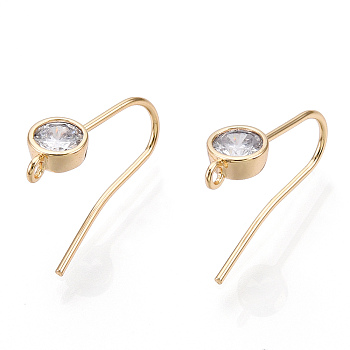 Brass Micro Cubic Zirconia Earring Hooks, with Horizontal Loop, Nickel Free, Clear, Real 18K Gold Plated, Real 18K Gold Plated, 16x5mm, Hole: 1mm, 21 Gauge, Pin: 0.7mm