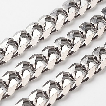 304 Stainless Steel Cuban Link Chains, Chunky Chains, Curb Chains, Unwelded, with Spool, Faceted, Stainless Steel Color, 11x4mm, about 32.8 Feet(10m)/roll