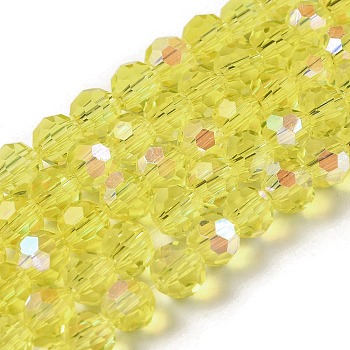 Electroplate Transparent Glass Beads Strands, Faceted, Round, Rainbow Plated, Yellow, 6mm, Hole: 1mm, about 98~100pcs/strand, 20.39~20.59 inch(51.8~52.3cm)