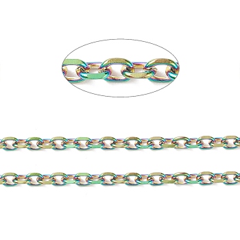 Ion Plating(IP)  Rainbow Color 304 Stainless Steel Cable Chains, with Spool, Faceted, Unwelded, Rainbow Color, 4x3x1mm, about 32.8 Feet(10m)/roll