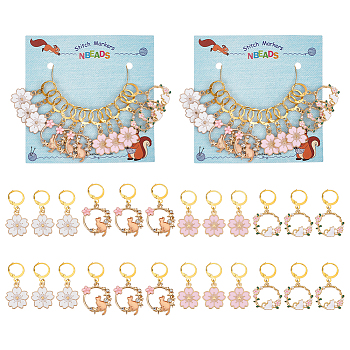 Alloy Enamel Cat/Sakura Pendant Locking Stitch Markers, Brass Clasp Stitch Marker, Mixed Color, 3.8~4.2cm, 4 style, 3pcs/style, 12pcs/set