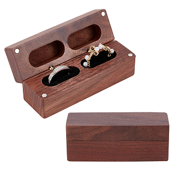 2-Slot Rectangle Black Peach Wood Couple Ring Box, Flip Cover Box, with Magnetic Clasps and Alloy Findings, for Wedding, Black, 3.2x9.65x3.75cm