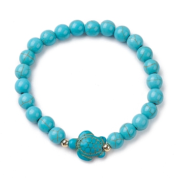Round Synthetic Turquoise Beaded Stretch Bracelets, Summer Beach Turtle Synthetic Turquoise Bracelets for Women Men, Inner Diameter: 2-1/8 inch(5.5cm), BReads: 7.5~8.5mm