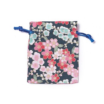 Burlap Packing Pouches, Drawstring Bags, Rectangle with Flower Pattern, Dark Blue, 10~10.5x8~8.3cm