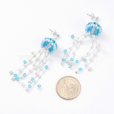 Glass Seed & Synthetic Moonstone Beaded Long Tassel Dangle Stud Earrings with Shell Pearl for Women(EJEW-TA00062)-4