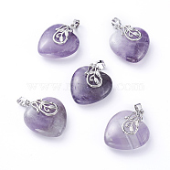Natural Amethyst Pendants, with Platinum Tone Brass Ice Pick Pinch Bails, Heart, 31~32x25~26x11~12mm, Hole: 7x5mm(G-G807-C04)