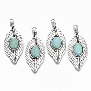Tibetan Style Alloy Big Pendants, with Synthetic Turquoise, Cadmium Free & Lead Free, Leaf, Antique Silver, 71.5x27x7.5mm, Hole: 3.6mm(PALLOY-R113-012-RS)