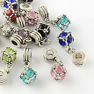 Large Hole Cube Alloy Rhinestone European Dangle Charms, Antique Silver, Mixed Color, 15x12x12mm, Hole: 4mm(X-MPDL-S086-M)