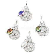 Brass Clear Cubic Zirconia Glass Pendants, Long-Lasting Plated, Lead Free & Cadmium Free, Moon, Real Platinum Plated, Mixed Color, 23x15x6mm, Hole: 2x3.5mm(ZIRC-C024-21P)