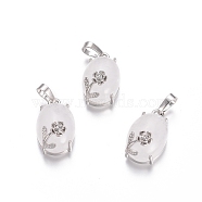 Natural Quartz Crystal Pendants, Rock Crystal Pendants, with Platinum Tone Brass Findings, Oval with Flower, 22x13.8x10.3mm, Hole: 6x3.5mm(G-L512-I16)