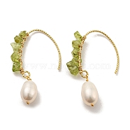 Natural Pearl with Natural Peridot Dangle Earrings, Real 14K Gold Plated Brass Findingds for Women, Teardrop, Seashell Color, 36x7.5mm(EJEW-M252-01G)