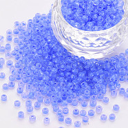 8/0 Transparent Glass Seed Beads, Round Hole, Frosted Inside Colours, Round, Royal Blue, 3~4x2~3mm, Hole: 0.8mm, about 15000pcs/Pound(SEED-S048-P-002)