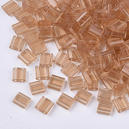 2-Hole Glass Seed Beads, Transparent Colours, Rectangle, Dark Salmon, 5x4.5~5.5x2~2.5mm, Hole: 0.5~0.8mm(SEED-T003-01C-05)