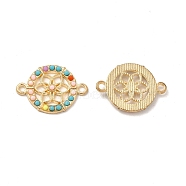 Tibetan Style Alloy Connector Charms, with Synthetic Turquoise, Flat Round with Flower, Light Gold, 16x23x2.6mm, Hole: 1.8mm(FIND-H039-70KCG)