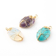 Natural & Synthetic Gemstone Wire Wrapped Pendants, with Eco-Friendly Golden Copper Jewelry Wire, Oval, 33~35x18~19x8.5~9mm, Hole: 2~3mm(PALLOY-JF00744)