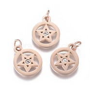 316 Surgical Stainless Steel Charms, with Micro Pave Cubic Zirconia and Jump Ring, Long-Lasting Plated, Pentacle, Clear, Real Rose Gold Plated, 15x12x1.5mm, Hole: 3.5mm(X-STAS-L242-04RG)