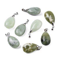 Natural New Jade Pendants, with Alloy Findings, teardrop, Platinum, 23~24x14~15x8mm, Hole: 4x5mm(X-G-S243-29)