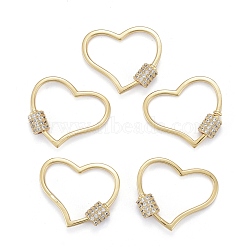 Brass Micro Pave Clear Cubic Zirconia Screw Carabiner Lock Charms, for Necklaces Making, Heart, Golden, 22x26x5.5mm, Screw: 6x5.5mm(ZIRC-E164-05G)