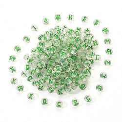 Transparent Clear Acrylic Beads, Horizontal Hole, Flat Round with Random Letter, Sea Green, 7x4mm, Hole: 1.6mm, 200pcs/set(MACR-YW0001-23B)
