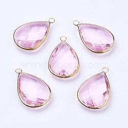 Golden Tone Brass Glass Teardrop Pendants, Faceted, Pearl Pink, 18x10x5mm, Hole: 2mm(GLAA-M006-A-15G)