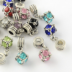 Large Hole Cube Alloy Rhinestone European Dangle Charms, Antique Silver, Mixed Color, 15x12x12mm, Hole: 4mm(X-MPDL-S086-M)