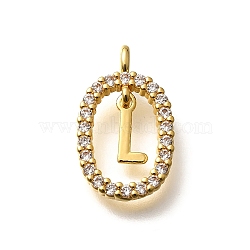 Brass Micro Pave Cubic Zirconia Pendants, Real 18K Gold Plated, Oval with Letter Charms, Letter L, 18.5x11x3.5mm, Hole: 2x1.5mm(ZIRC-P123-01G-L01)