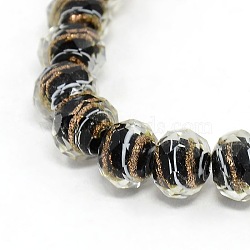 Handmade Faceted Swirl Gold Sand Lampwork Rondelle Beads Strands, Black, 10x7mm, Hole: 1mm, about 50pcs/strand, 14.96 inch(LAMP-L034-01)