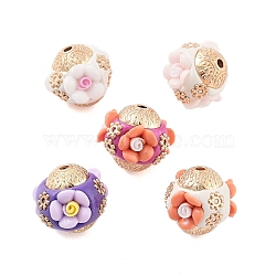 Alloy with Resin Handmade Indonesia Beads, Round with Flower, Mixed Color, 16x17mm, Hole: 1.8mm(FIND-Q106-52)