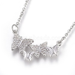 304 Stainless Steel Pendant Necklaces, with Cubic Zirconia, Butterfly, Clear, Stainless Steel Color, 18.6 inch(47.5cm), Pendant: 23.5x14.5x2.5mm(NJEW-O108-12P)