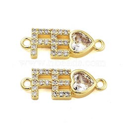 Rack Plating Brass Pave Clear Cubic Zirconia FE Heart Links Connector Charms, Cadmium Free & Lead Free, Real 18K Gold Plated, 7x19.5x3.5mm, Hole: 1.4mm(KK-S379-24G)