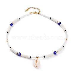 Natural Cowrie Shell Pendant Necklaces, with Polymer Clay Heishi Beads, Evil Eye Lampwork Beads, Natural Howlite Beads, Glass Beads and 304 Stainless Steel Lobster Claw Clasps, Golden, White, 17-3/4 inch(45cm)(NJEW-JN03242)