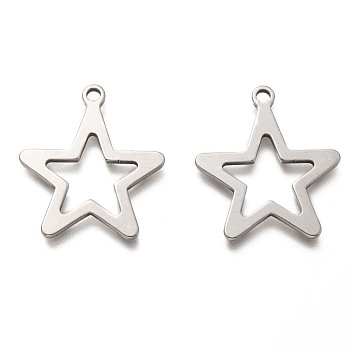 201 Stainless Steel Pendants, Hollow, Star, Stainless Steel Color, 30x26x1.5mm, Hole: 2.3mm