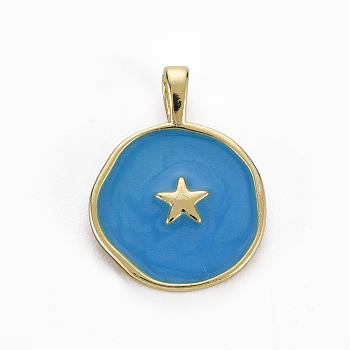 Brass Enamel Pendants, Cadmium Free & Nickel Free & Lead Free, Real 16K Gold Plated, Flat Round with Star, Steel Blue, 20.5x15.5x4.5mm, Hole: 2.5x3mm