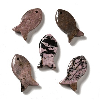Natural Rhodonite Pendants, Fish Charms, 39x20x7~7.5mm, Hole: 2.3mm