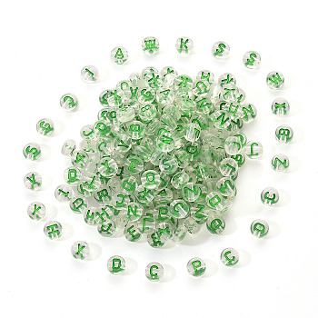 Transparent Clear Acrylic Beads, Horizontal Hole, Flat Round with Random Letter, Sea Green, 7x4mm, Hole: 1.6mm, 200pcs/set