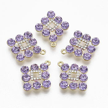 Golden Plated Alloy Pendants, with Glass Rhinestone, Rhombus, Lilac, 23x20x5~6mm, Hole: 1.4mm